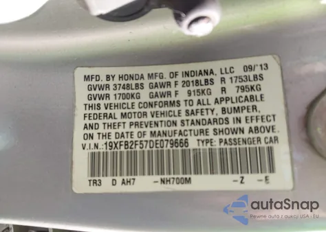 2013 Honda Civic Lx z USA, uszkodzony, nr VIN 19XFB2F57DE079666